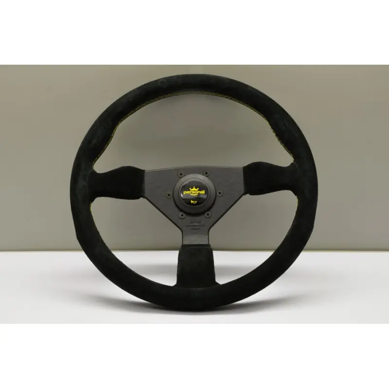 Volante Personal Grinta 350 mm, Pelle Nera Scamosciata, Cucitura Gialla - Volante Personal Grinta 350 mm, Pelle Nera Scamosciata, Cucitura Gialla -