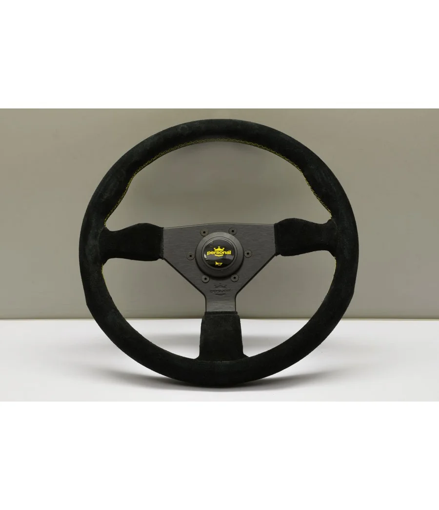 Volante Personal Grinta 350 mm, Pelle Nera Scamosciata, Cucitura Gialla - 