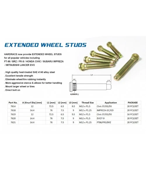 Hardrace 7621 Extended Wheel Stud Scion FR-S, Subaru BRZ, Toyota 86 - 